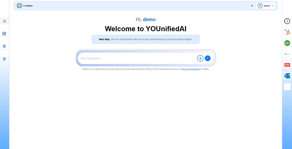 Main interface screen for YOUnifiedAI with the greeting "Hi, demo" and "Welcome to YOUnifiedAI." A notification box prompts the user to use the chatbot below with connected apps. Center stage is a chat prompt bar containing "Start typing here..." alongside microphone and send icons.