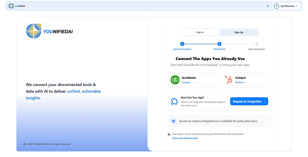 Screenshot of the YOUnifiedAI user registration page during step 3 of onboarding: App Integration. On the left, the tagline reads, "We connect your disconnected tools & data with AI to deliver unified, actionable insights." On the right, a card displays options to connect QuickBooks or HubSpot, alongside a button to "Request an integration."