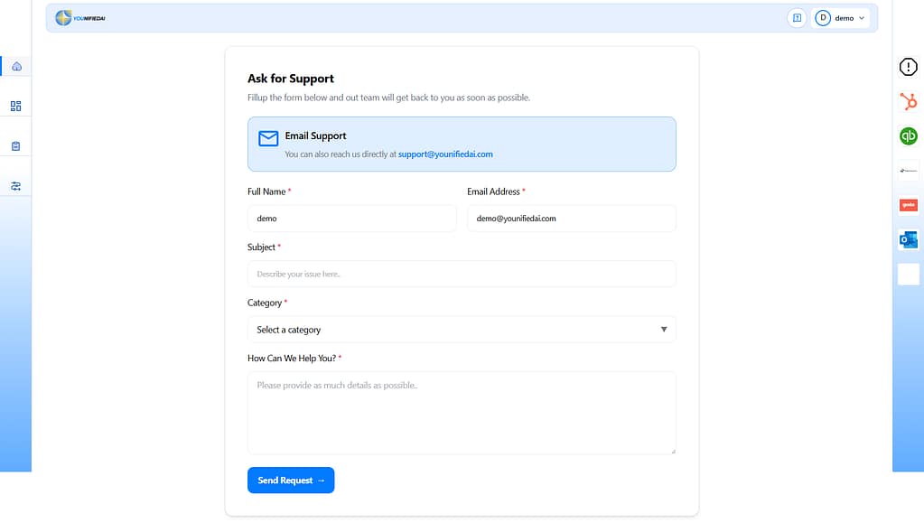 Screenshot of the YOUnifiedAI customer support interface titled "Ask for Support." Below a banner containing the direct contact email support@younifiedai.com, a form displays required fields including Full Name, Email Address, Subject, Category dropdown menu, a detailed message text area, and a blue "Send Request" button at the bottom.