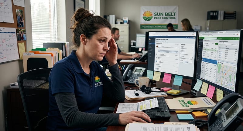 An exhausted office manager working with multiple software tabs on a computer screen.