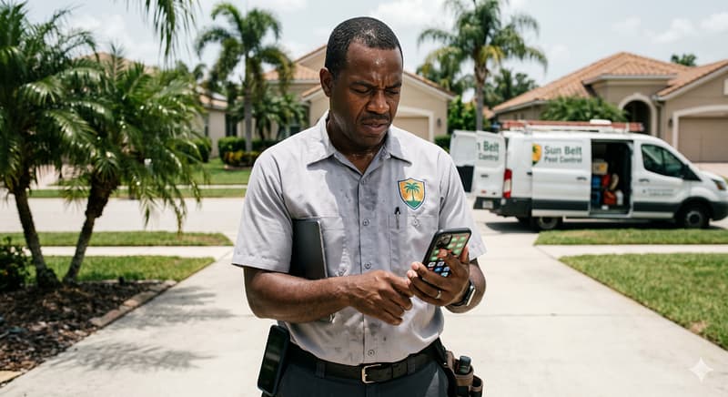 A job site supervisor in a pest control uniform stands outdoors, holding a tablet under his arm while looking down intently at his smartphone. In the background, company service vans are parked in a neighborhood driveway.