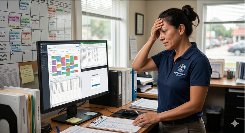 Stressed operations manager standing at her office desk holding her forehead, frustrated by manual data entry on a computer screen displaying split-screen scheduling software, spreadsheets, and payroll applications next to a large dry-erase scheduling whiteboard.