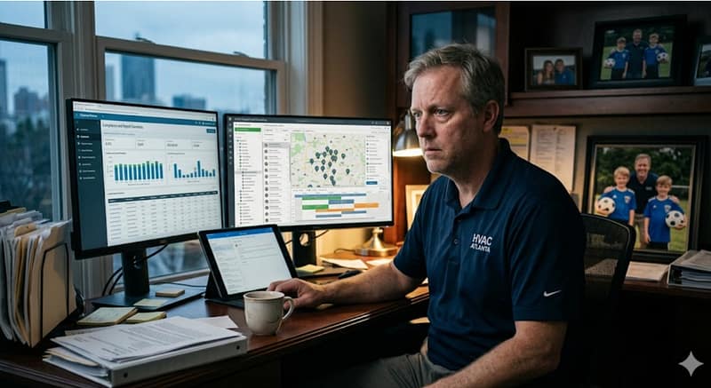 A middle-aged male HVAC business owner sits at his home office desk at dusk, looking stressed and exhausted as he stares at multiple digital screens. He is wearing a dark blue polo shirt with "HVAC ATLANTA" printed on it. His desk is cluttered with two large computer monitors showing complex business dashboards. one displaying "Compliance and Payroll Standards" bar graphs and the other showing a map with multiple location pins and scheduling timelines. A tablet, paperwork, sticky notes, and a coffee mug sit in front of him. In the background on a wooden shelf, framed family photos of a woman and two young boys holding soccer balls are visible but out of focus.